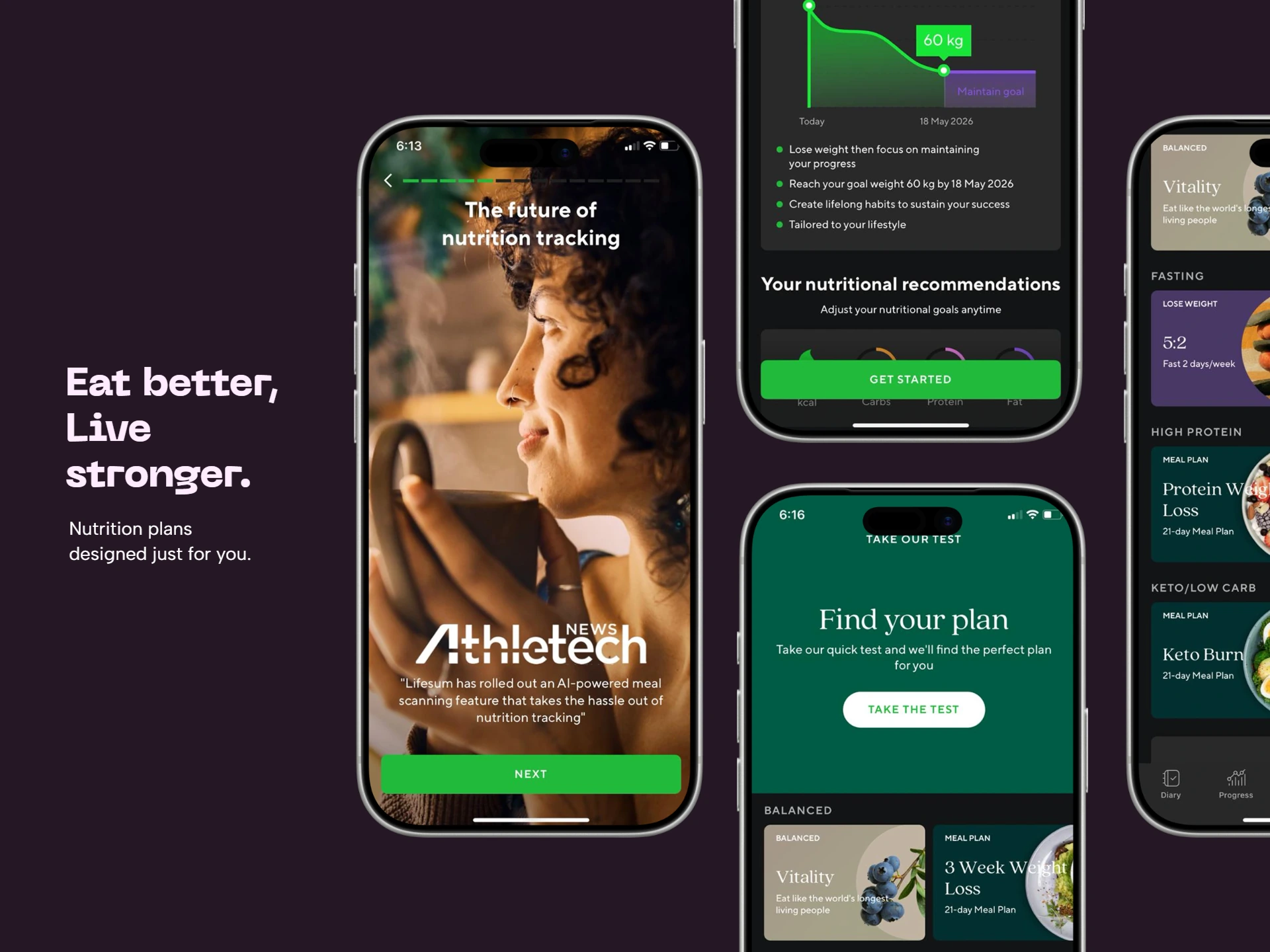 iPhone mockups showing a nutrition app with onboarding, progress tracking, and meal plans